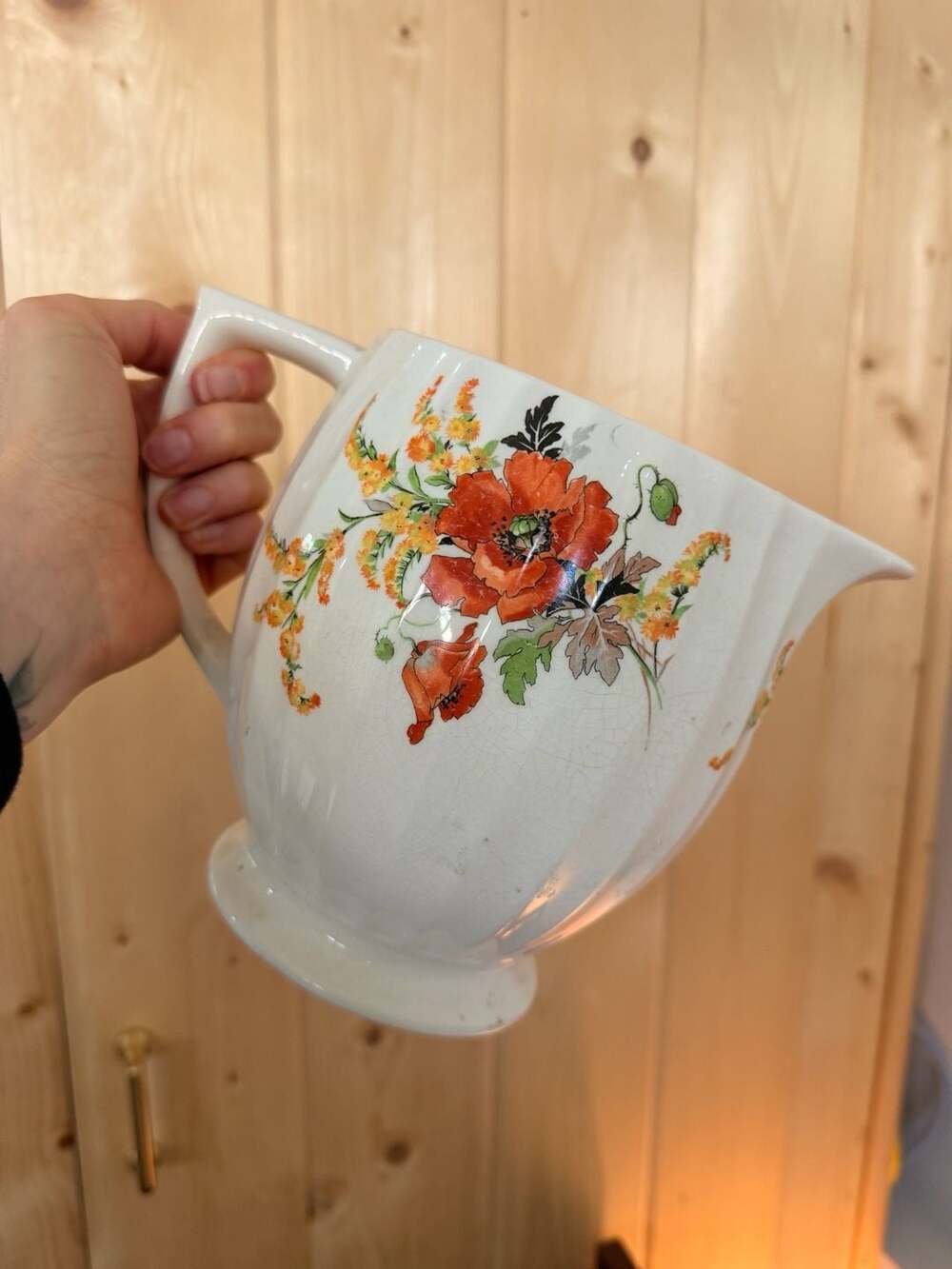 Sebring Porcelain Vintage Floral Poppy Pitcher Jug Flower Vase Cottage Decor